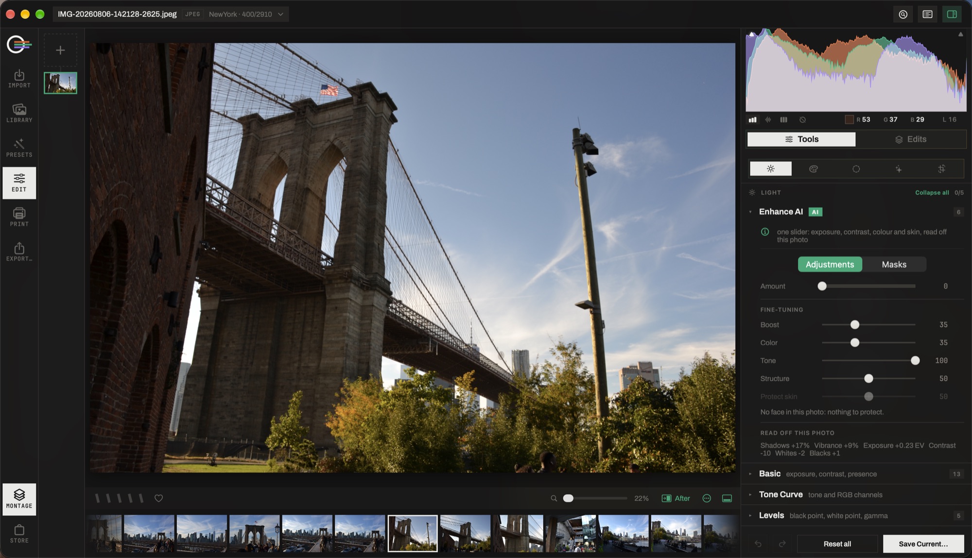 The Lensmith editor: the photograph on the canvas, the histogram and pixel readout pinned above the tool column, and the Light family open on Enhance AI.