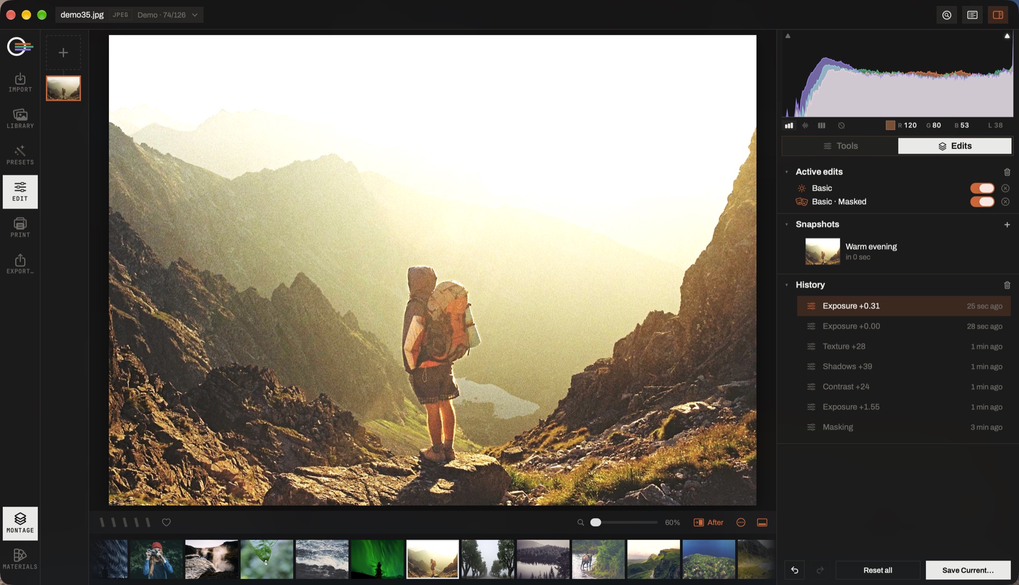 The Lensmith editor with the Edits tab open: active edits, a snapshot and the history list beside the photograph.