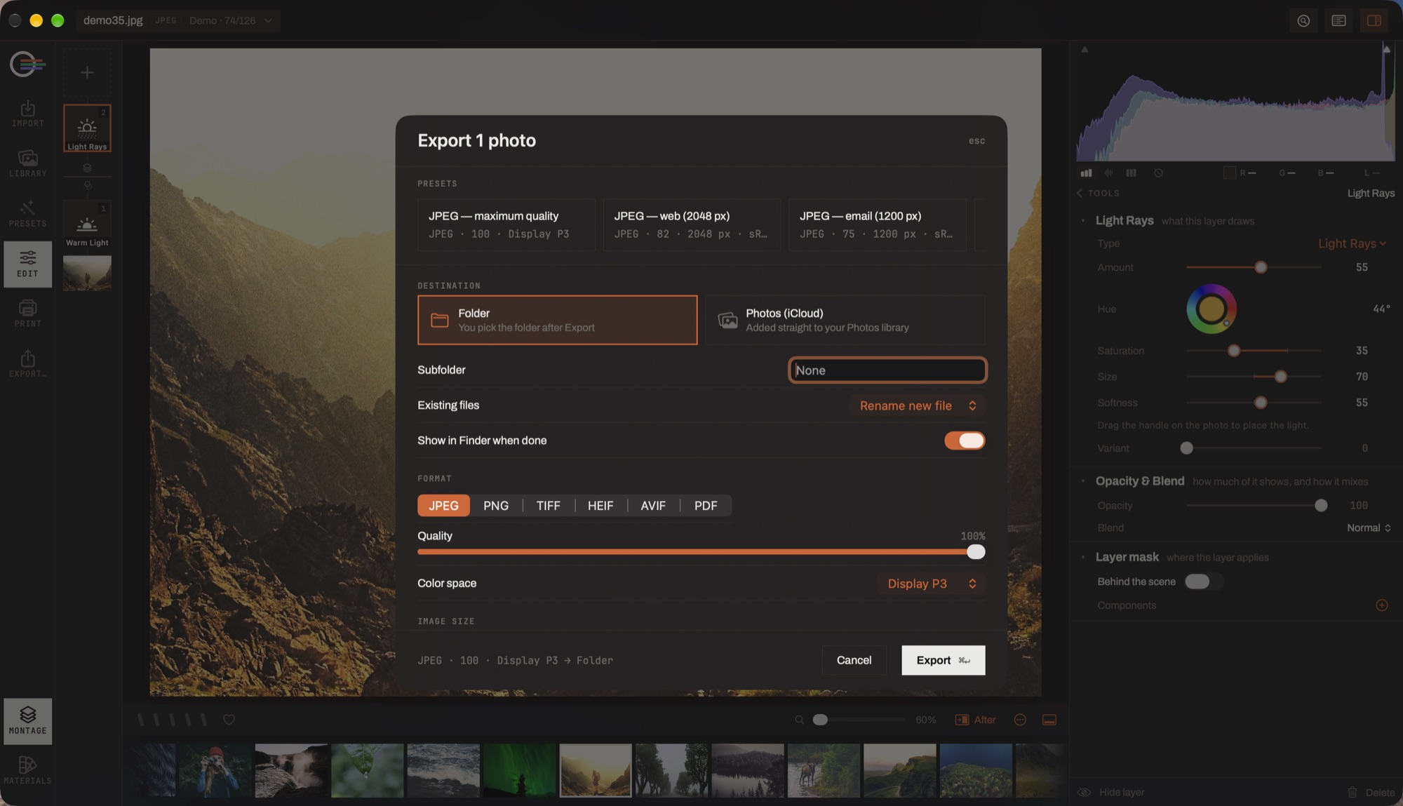 The export sheet: presets along the top, destination, format, quality and colour space, with the summary line above the Export button.