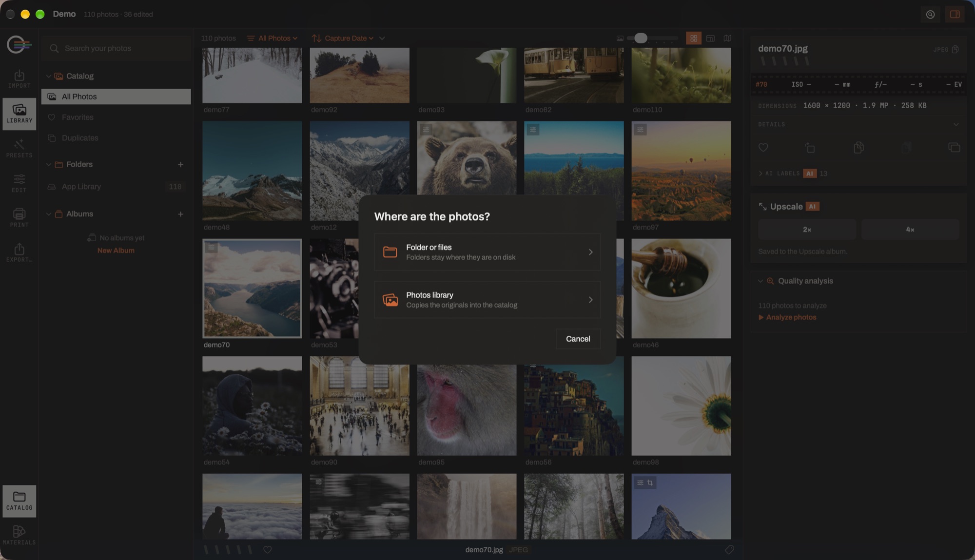 The import dialog over the Library grid, offering Folder or files and Photos library.