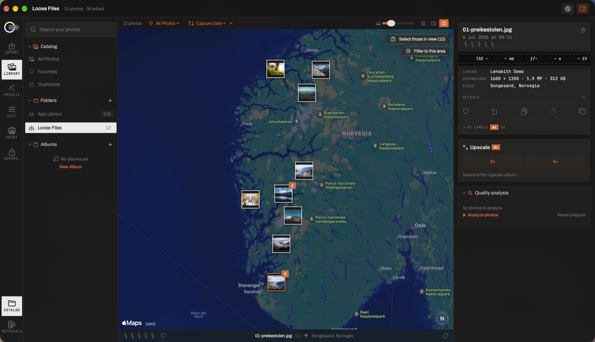 The Library map view showing a trip through Norway, with photo thumbnails pinned along the route and the information column on the right.
