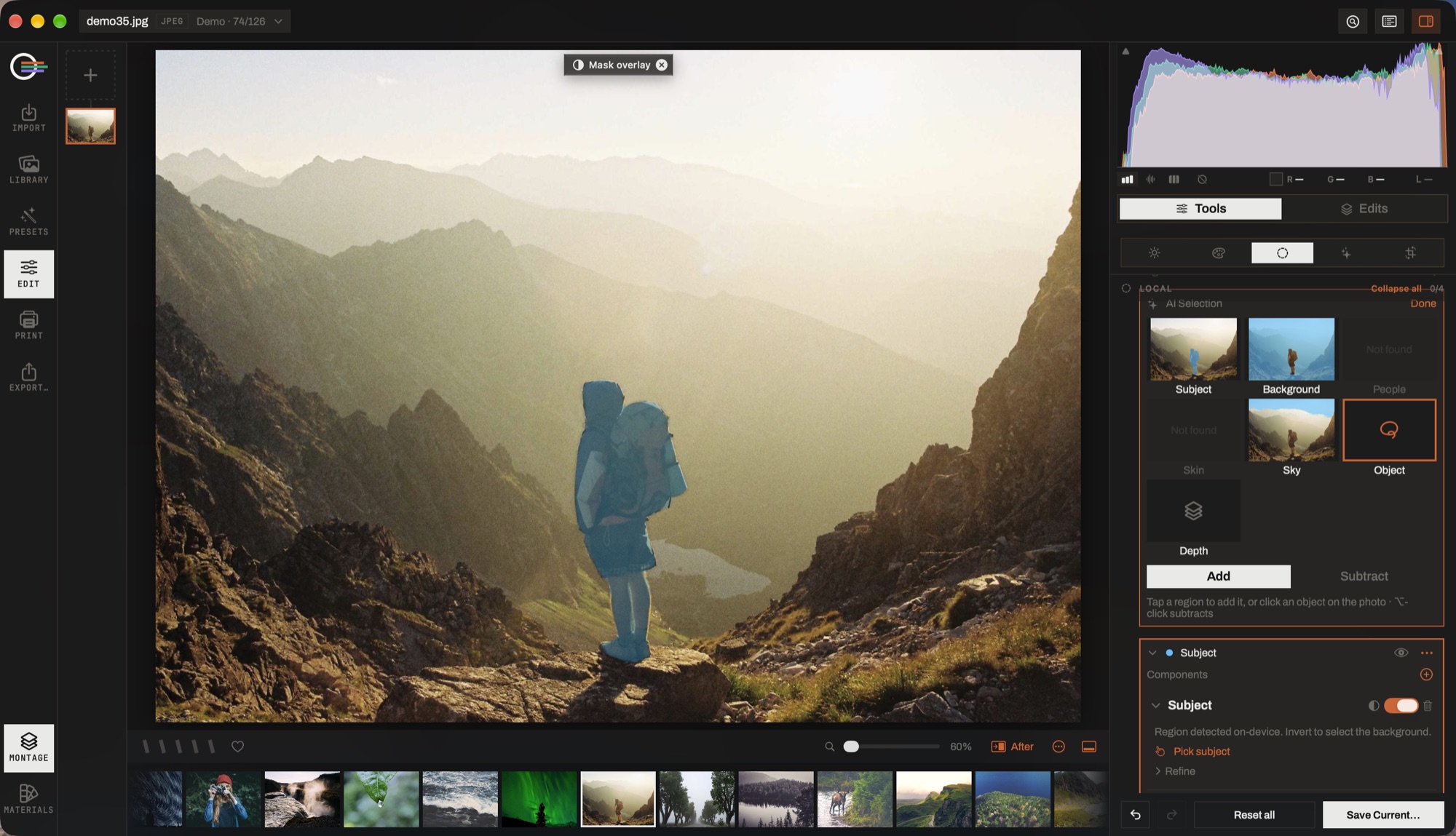 The Masking panel with the AI selection cards open: subject, background and sky found on the photograph, and the hiker tinted on the canvas.