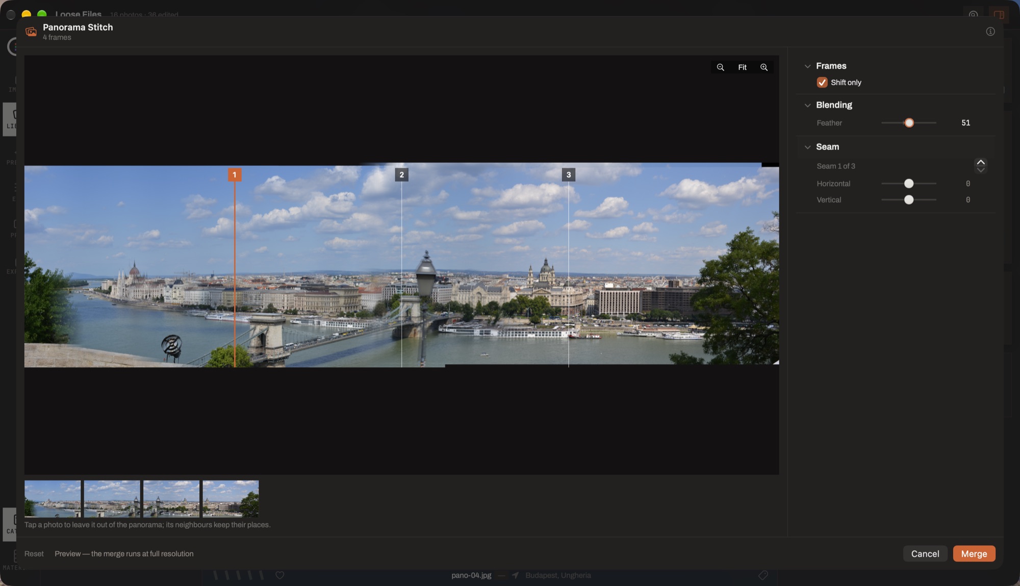 The panorama stitch sheet: four frames joined into one wide photograph, with numbered seam handles and the blending controls on the right.