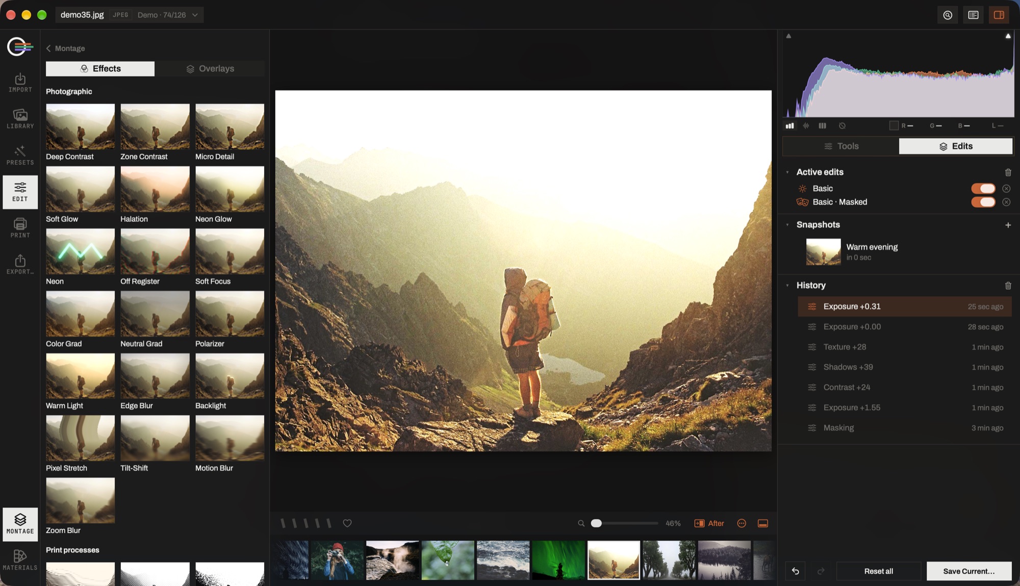 The layer browser showing the photographic filters as tiles, each rendered on the photograph being edited.