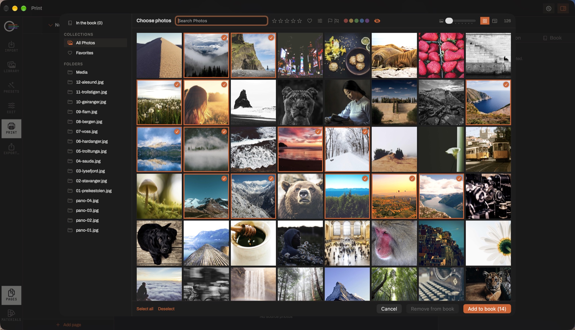 The photo chooser sheet: scopes on the left, the Library's filters along the top and a grid of selectable photographs.
