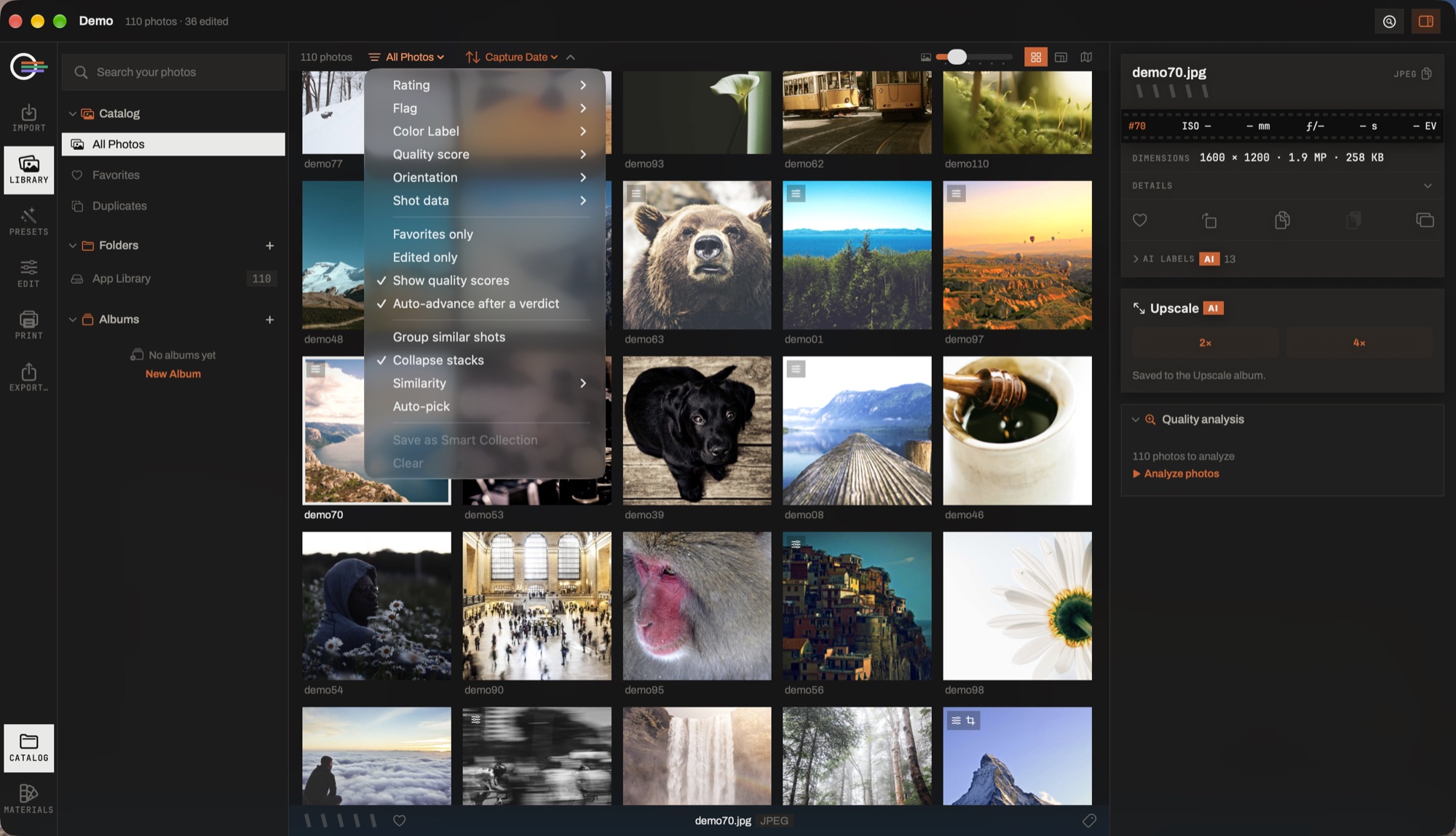 The Library scope menu open over the grid, listing rating, flag, colour label, quality score, orientation and shot data filters.