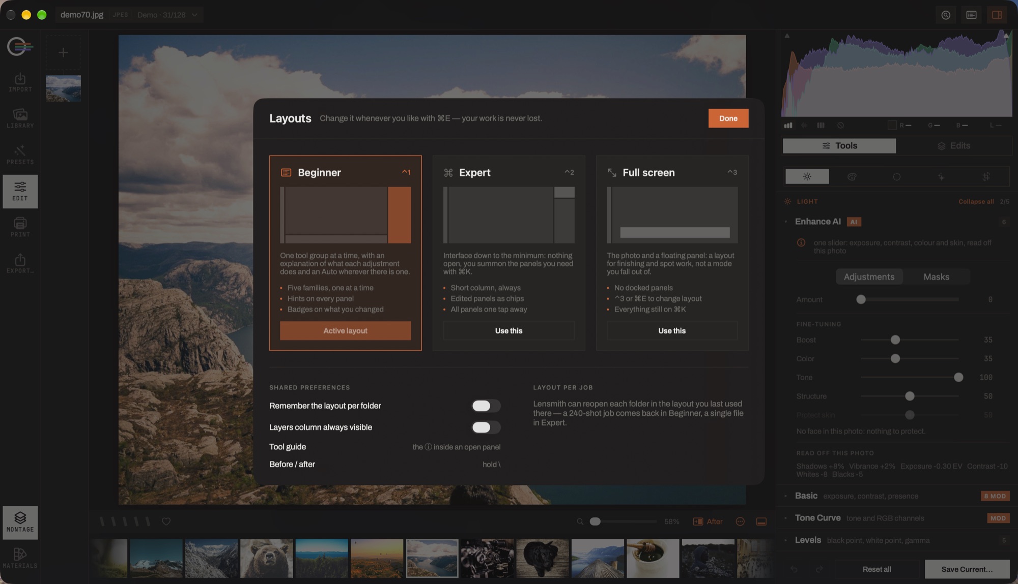 The Layouts screen with three cards: Beginner, Expert and Full screen, and the shared preferences under them.