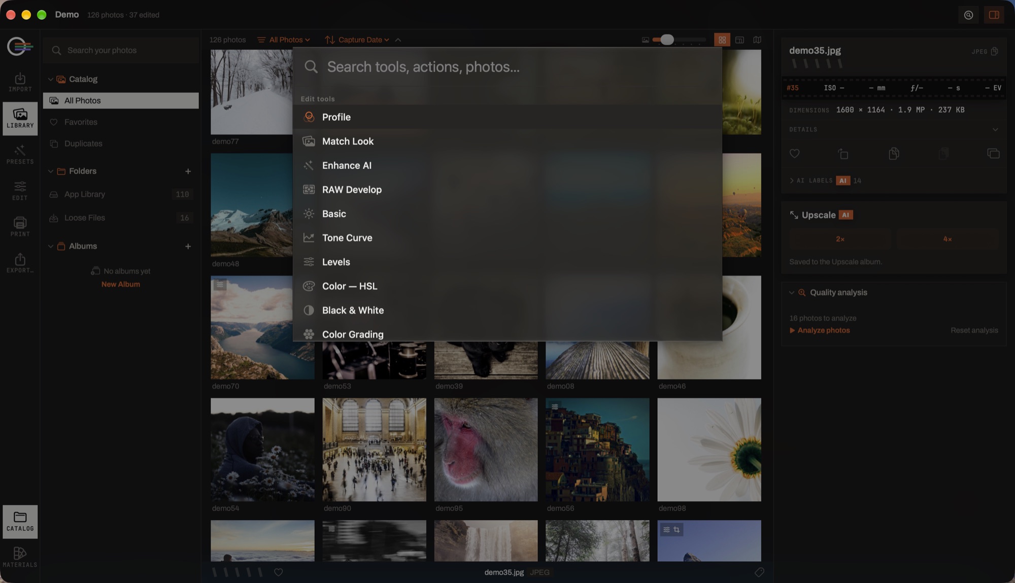 The command palette open over the Library, listing the Edit tools under a search field.
