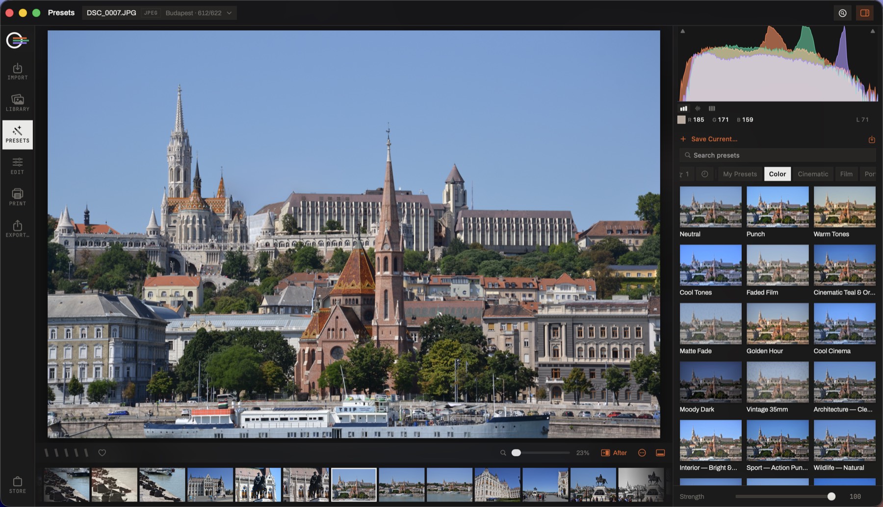 Lensmith's preset browser: each preset rendered as a thumbnail of the open photograph, with a strength slider at the bottom.